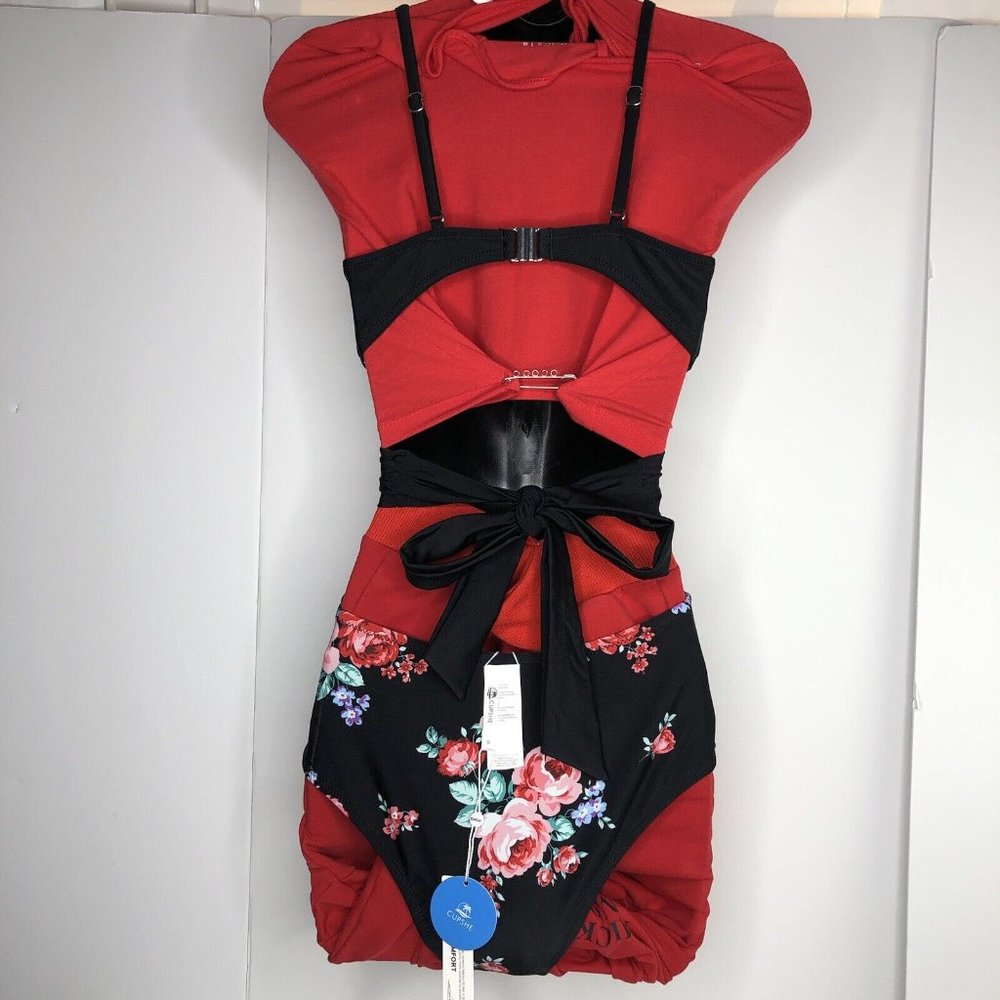 NWT CUPSHE Black Floral Wrap Cutout 1 Piece Bathing Suit Swimsuit Sz S Tie Back - Picture 10 of 14